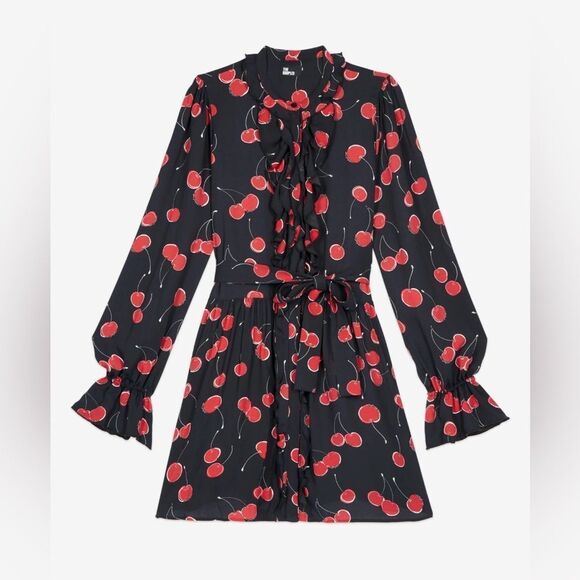 The Kooples Dresses & Skirts - The Kooples red Cherry Print Black Mini Dress with ruffles Dark Romance NWT